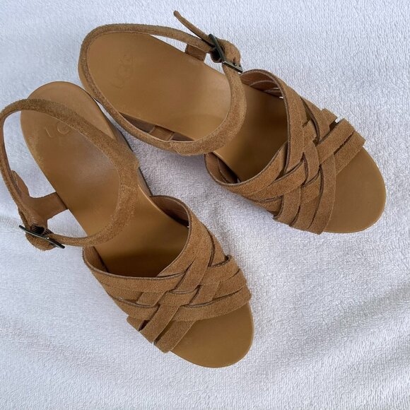 UGG Shoes - UGG Brown Chestnut Platform Wedge Suede Sandals